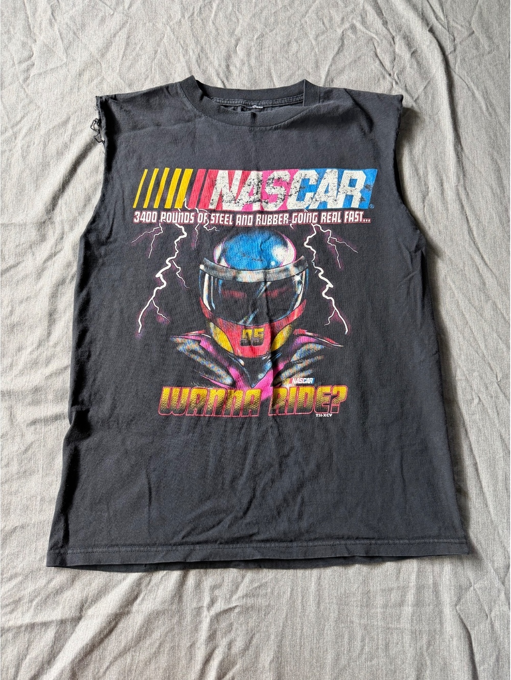 NASCAR Mens M Black Graphic Cut Off T-Shirt Wanna Ride Racing Helmet Tee